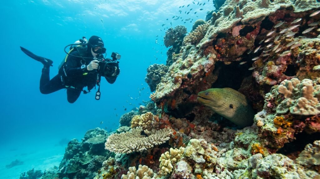 غواص يراقب سمك موراي من مسافة آمنة داخل الشعاب المرجانية