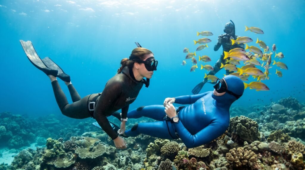 غواص يركز على رفيقه بينما ينشغل آخر بمشاهدة الأسماك تحت الماء