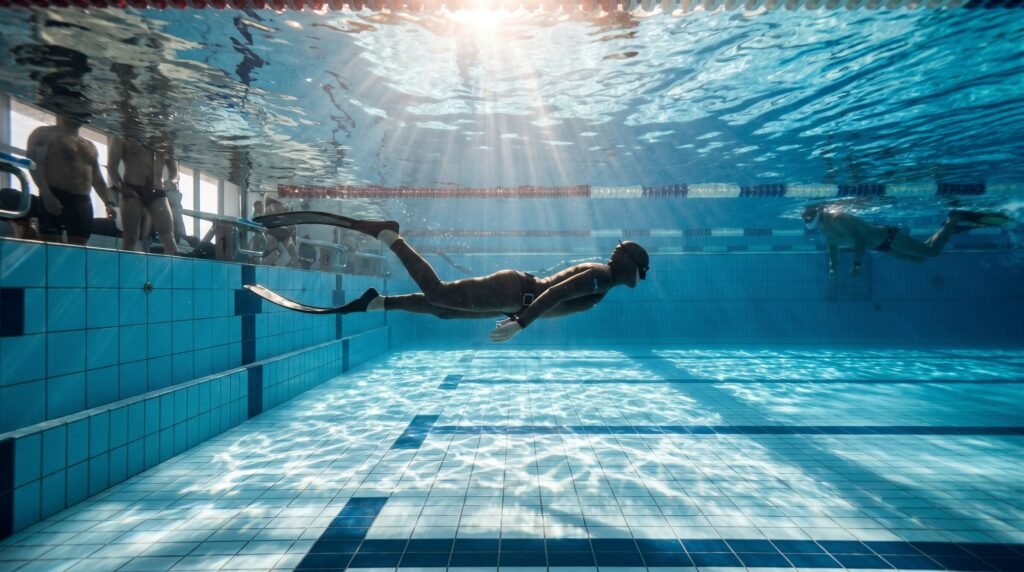 غواص يسبح تحت الماء أثناء تمرين Dynamic Apnea