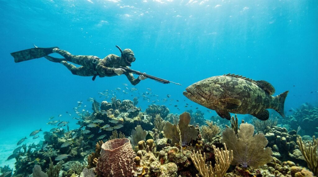 غواص يصطاد سمك الهامور تحت الماء