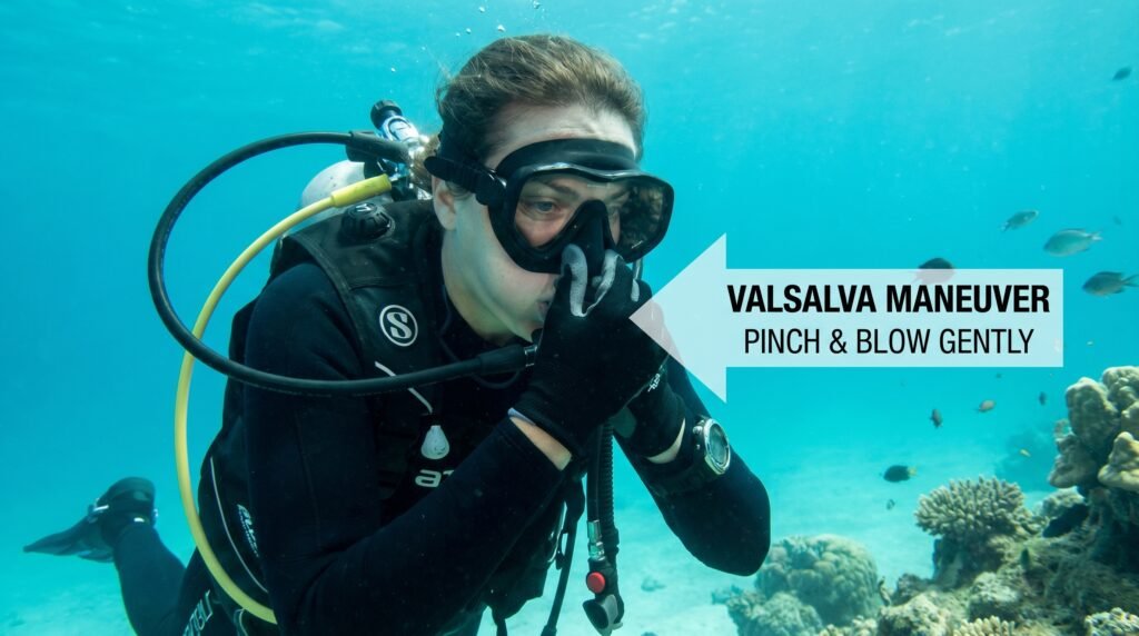 غواص يطبق تقنية فالسالفا لمعادلة ضغط الأذن