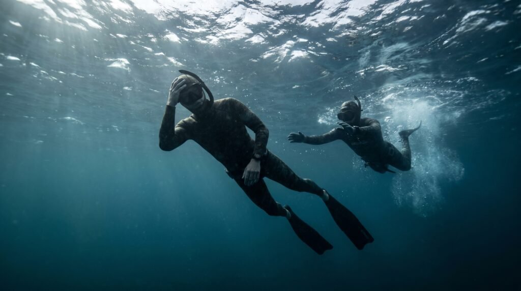 غواص يظهر عليه التعب قرب السطح بينما يسرع رفيقه لإنقاذه