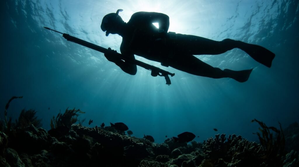 غواص يظهر كظل كبير مخيف من منظور سمكة تحت الماء
