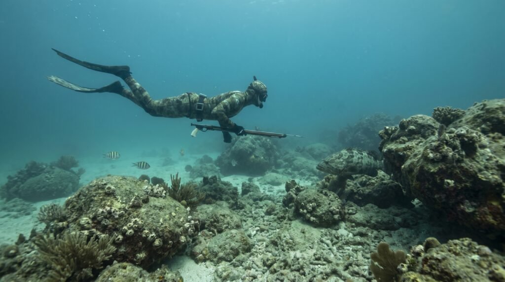غواص يقترب من الأسماك بهدوء بالقرب من القاع دون إخافتها