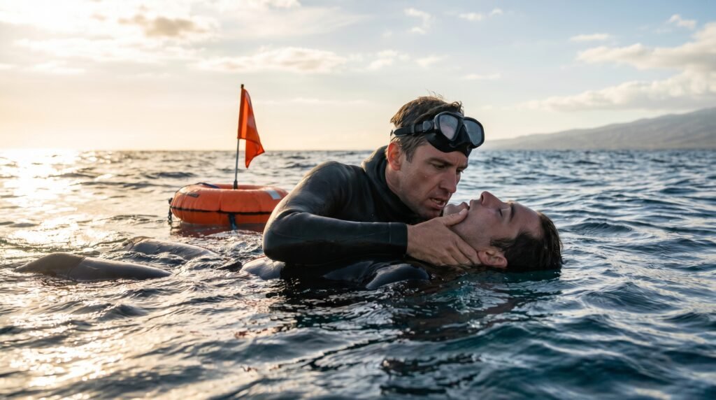 غواص يقوم بإنقاذ رفيقه على سطح الماء مع الحفاظ على مجرى التنفس
