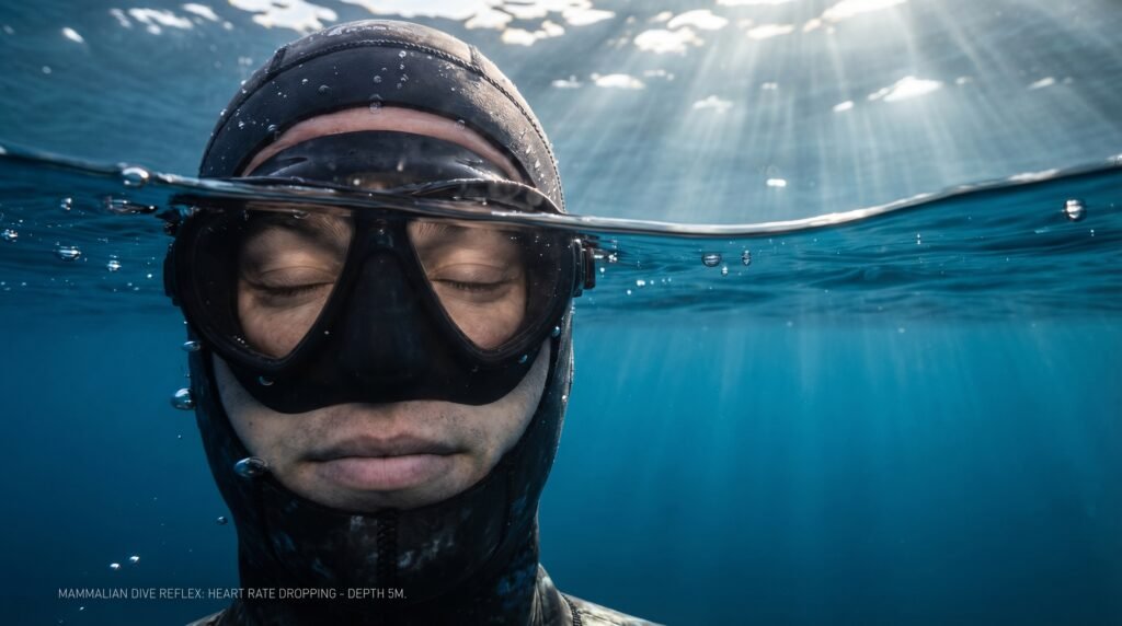 غواص يلامس وجهه الماء في مشهد يوضح منعكس الغوص لدى الثدييات