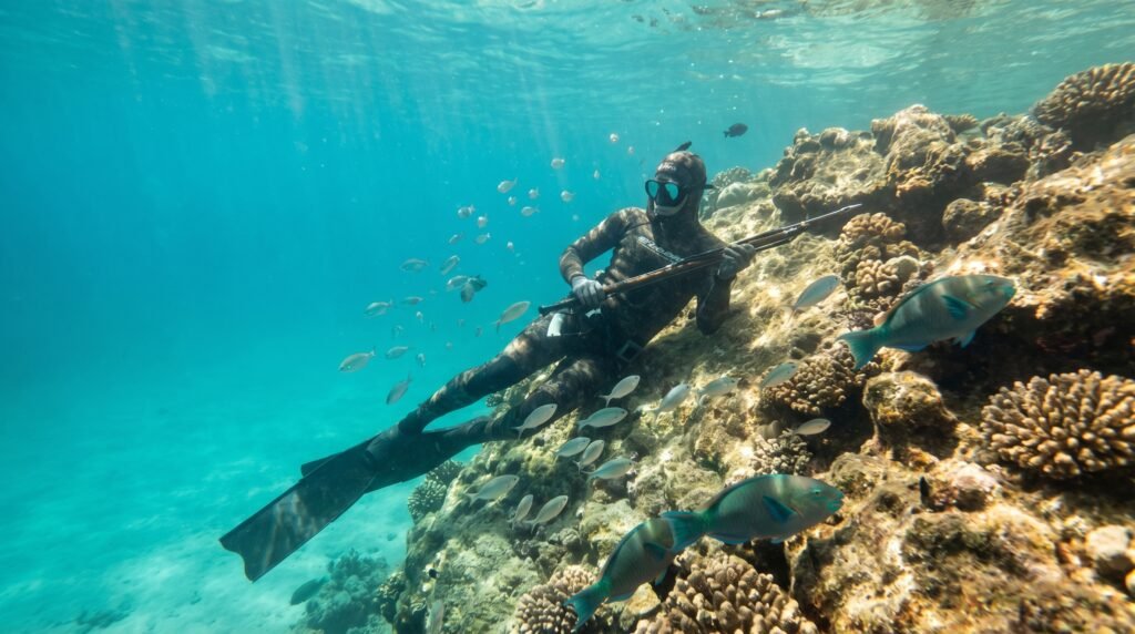 غواص يمارس الصيد تحت الماء في بيئة بحرية طبيعية
