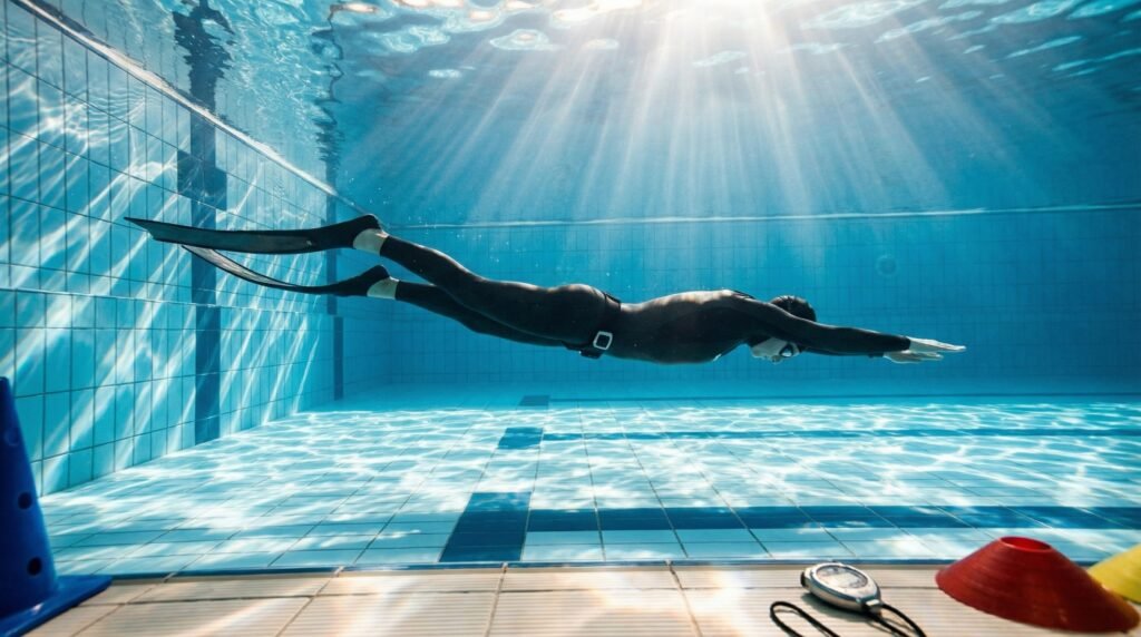 غواص يمارس تدريب Dynamic Apnea أثناء السباحة تحت الماء