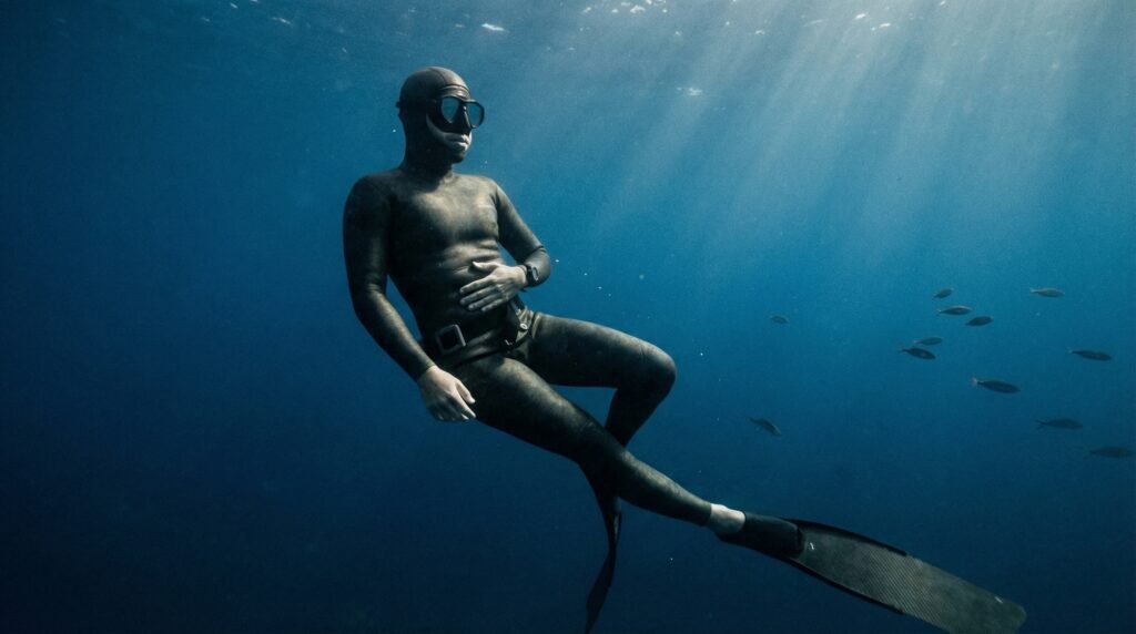 غواص يمر بمرحلة انقباضات الحجاب الحاجز أثناء حبس النفس