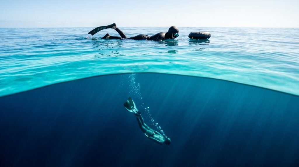 غواص ينزل إلى العمق بينما يراقبه رفيقه من السطح في نظام الغوص الآمن