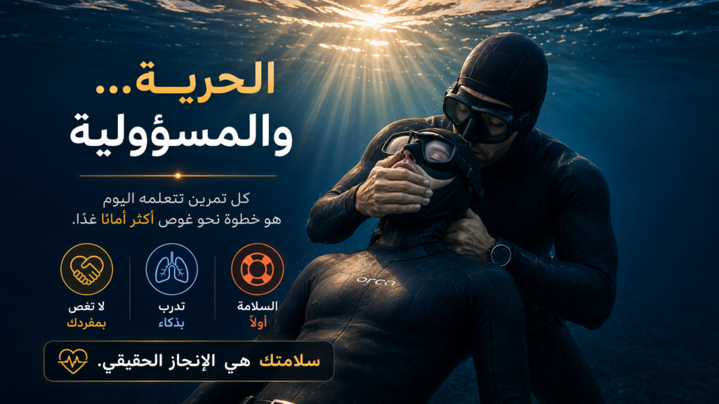 غواص سلامة ينقذ غواصًا فاقدًا للوعي تحت الماء بعد حالة فقدان الوعي الضحل (Shallow Water Blackout)، في مشهد يبرز أهمية السلامة والتدريب الصحيح في الغوص الحر.