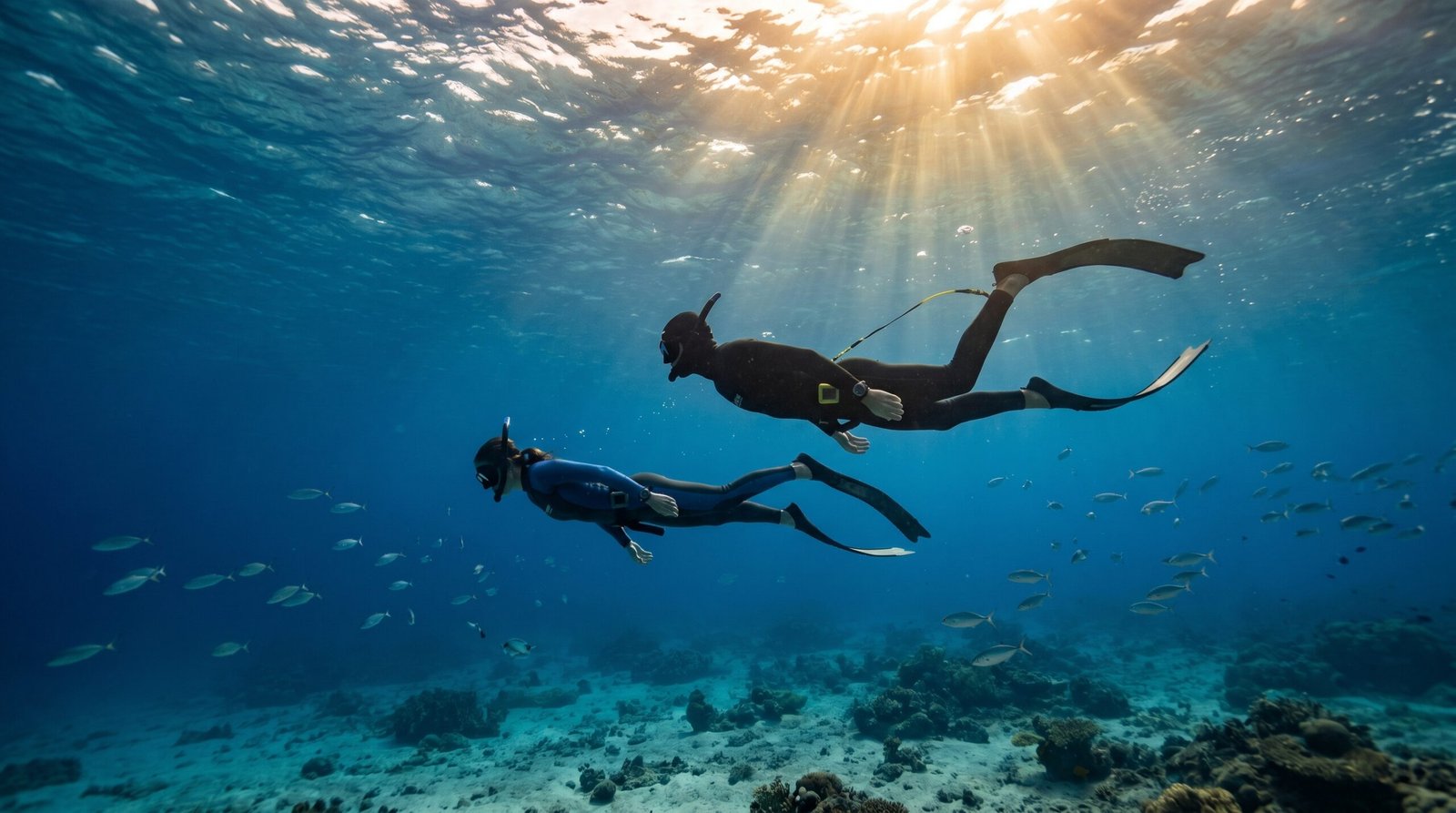 غواصان في أعماق البحر يسبحان معًا وفق نظام رفيق الغوص مع مراقبة دقيقة تحت الماء