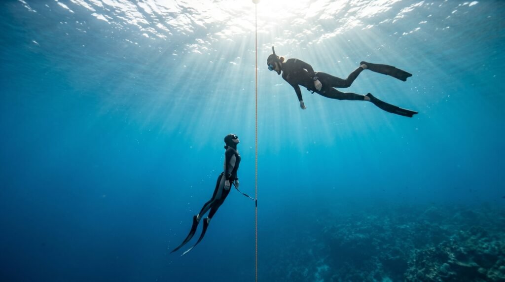 غواصان يحافظان على مسافة آمنة أثناء الغوص لضمان المراقبة الفعالة