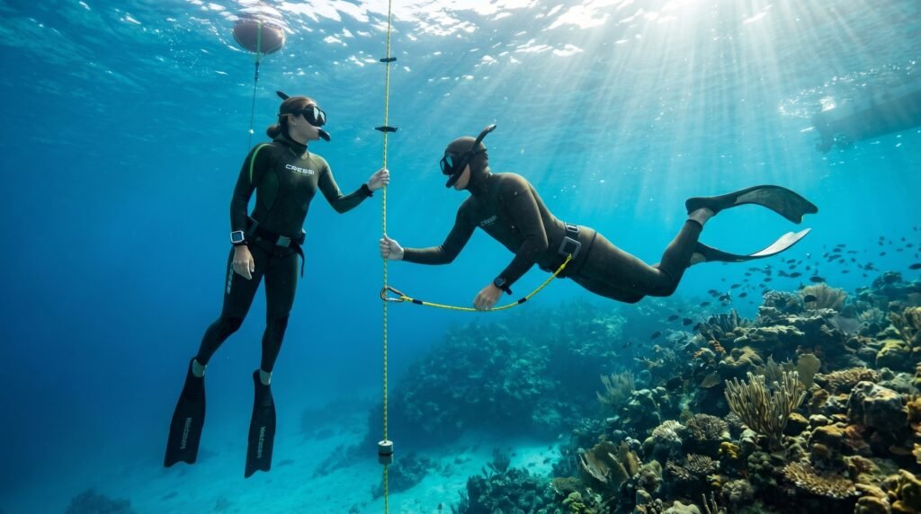 غواصان يطبقان نظام الرفيق أثناء تدريب الغوص الحر