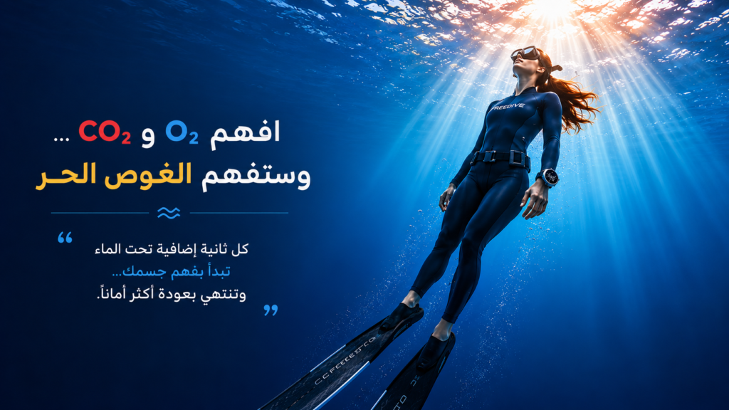 غواصة حرة تصعد بهدوء نحو سطح البحر بعد تمرين حبس النفس، مع أشعة الشمس المتسللة عبر المياه الزرقاء، ورسالة ختامية توضح أهمية فهم الأكسجين (O₂) وثاني أكسيد الكربون (CO₂) للتقدم الآمن في الغوص الحر.