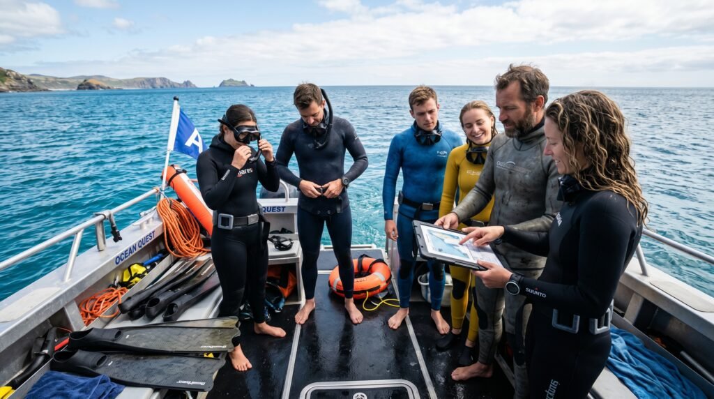 فريق غواصين يتعاونون ويستعدون للغوص معًا في أجواء احترافية