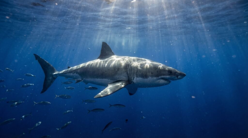 قرش يسبح بهدوء في المحيط الأزرق