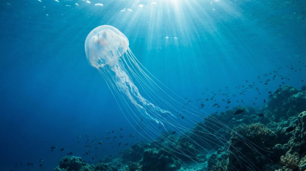 قنديل البحر الصندوقي الشفاف يسبح في مياه استوائية زرقاء