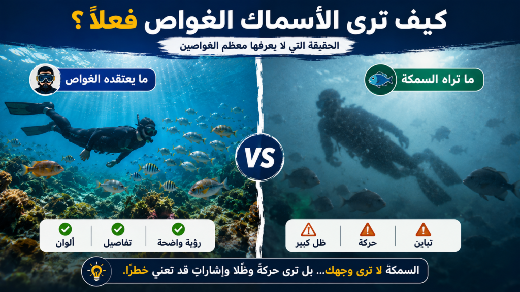 كيف ترى الأسماك الغواص تحت الماء؟ إنفوغرافيك علمي يوضح الفرق بين ما يراه الغواص بوضوح وما تراه السمكة كظل متحرك يعتمد على التباين والحركة أكثر من التفاصيل الدقيقة.