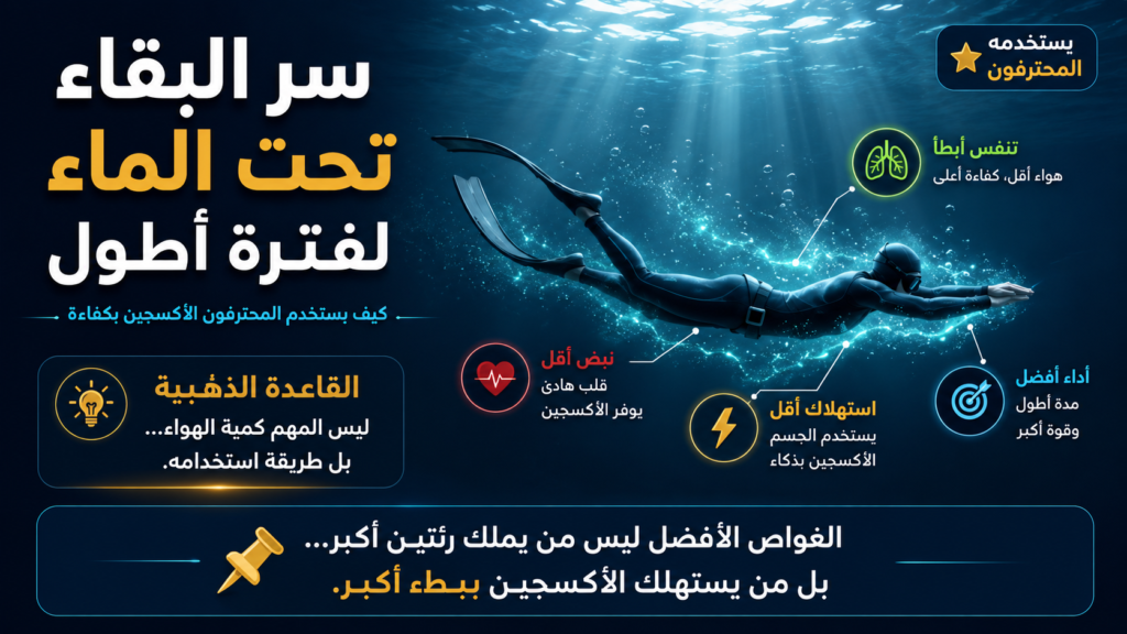 إنفوغرافيك يشرح سر البقاء تحت الماء لفترة أطول في الغوص الحر، ويوضح كيف يساعد التنفس الهادئ، وانخفاض معدل ضربات القلب، وتقليل استهلاك الأكسجين على تحسين الأداء وزيادة مدة حبس النفس لدى الغواصين.