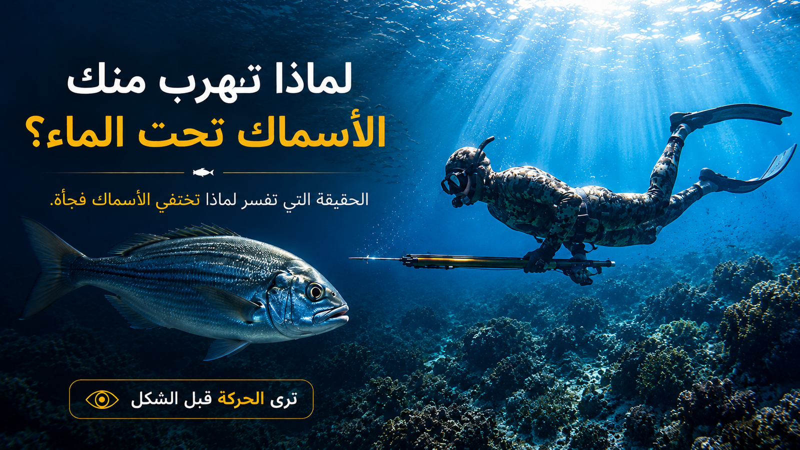لماذا تهرب منك الأسماك تحت الماء؟ صورة هيرو لصياد تحت الماء يقترب من سمكة كبيرة في مشهد يوضح كيف تكتشف الأسماك الحركة قبل الشكل، ولماذا تختفي فجأة قبل أن تتمكن من الاقتراب منها.