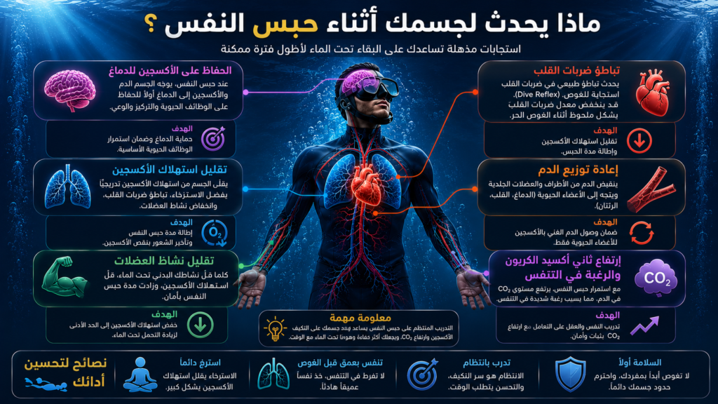 ماذا يحدث لجسم الغواص أثناء حبس النفس؟ — أنفوغرافيك طبي احترافي يشرح تباطؤ ضربات القلب، تقليل استهلاك الأكسجين، وإعادة توزيع الدم أثناء الغوص الحر