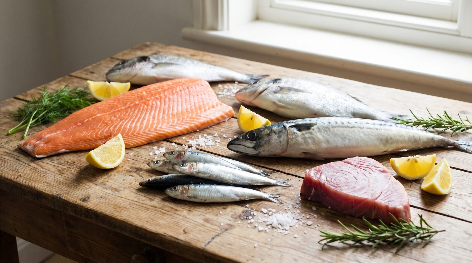 مجموعة من الأسماك الصحية الطازجة الغنية بالأوميغا 3 مثل السلمون والسردين على طاولة مطبخ