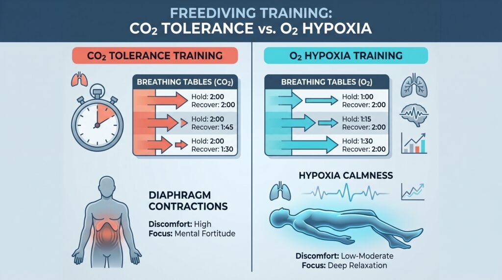 مخطط تعليمي يوضح الفرق بين تمارين تحمل ثاني أكسيد الكربون وتمارين نقص الأكسجين في الغوص الحر