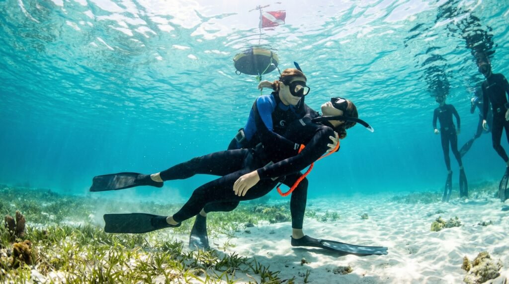 مشهد توعوي يوضح مساعدة غواص في حالة فقدان الوعي الضحل