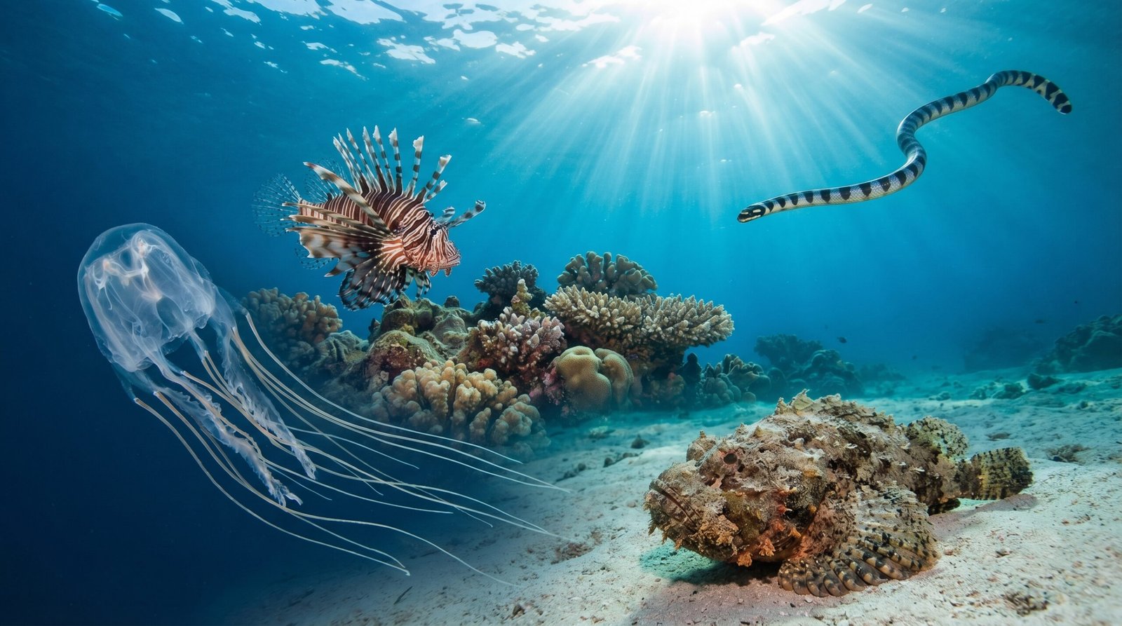 مشهد واقعي تحت الماء يظهر عدة كائنات بحرية خطيرة مثل قنديل البحر الصندوقي وسمكة الحجر وسمكة الأسد في بيئتها الطبيعية