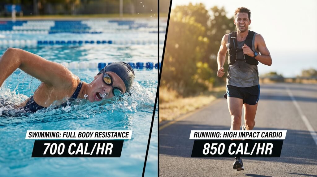 مقارنة بصرية بين السباحة والجري من حيث النشاط البدني