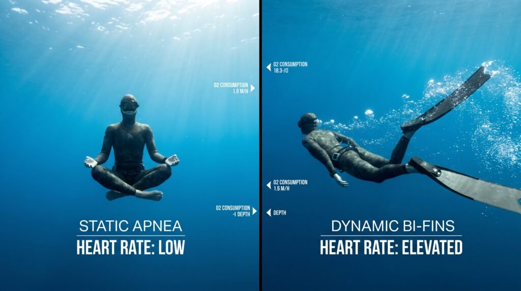 مقارنة بين الغوص الحر الساكن والغوص أثناء الحركة تحت الماء