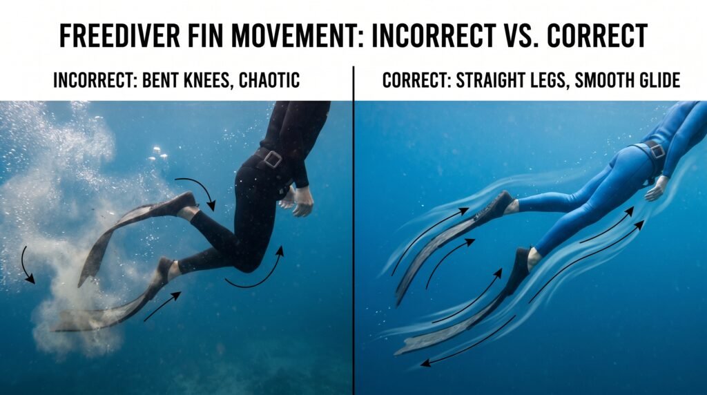 مقارنة بين حركة رفس خاطئة وصحيحة أثناء الغوص الحر