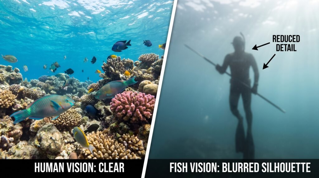مقارنة بين رؤية الإنسان ورؤية السمكة للغواص تحت الماء