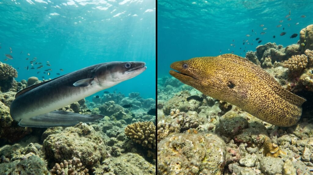 مقارنة بين سمك الصنور الرمادي وسمك الموراي ذو النقوش الصفراء