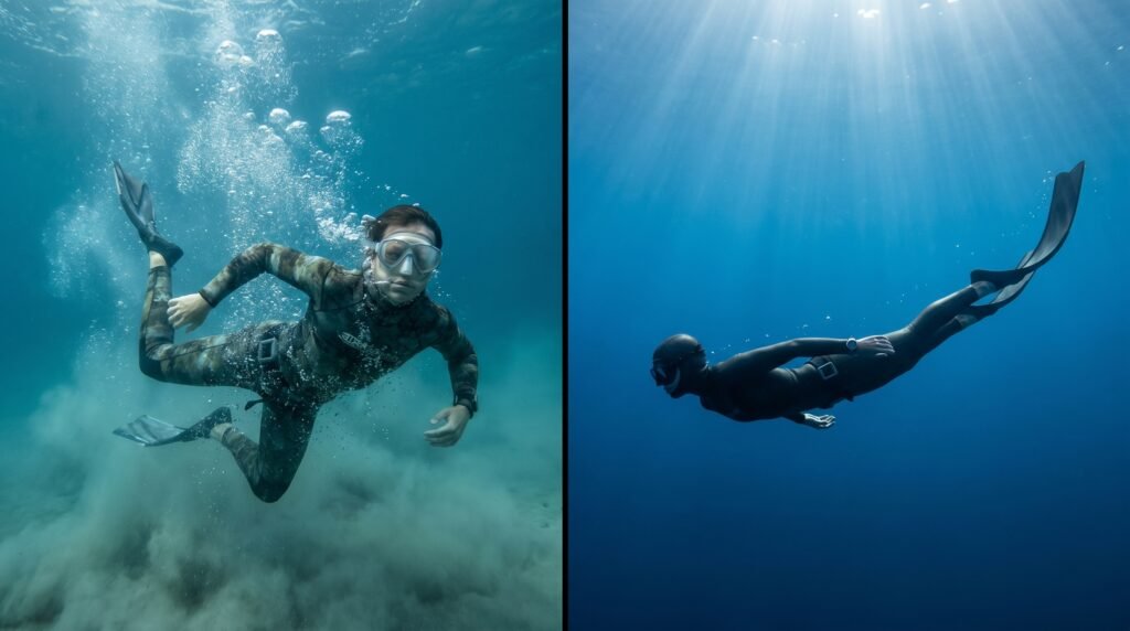 مقارنة بين غواص مبتدئ وغواص محترف من حيث الحركة واستهلاك الأكسجين