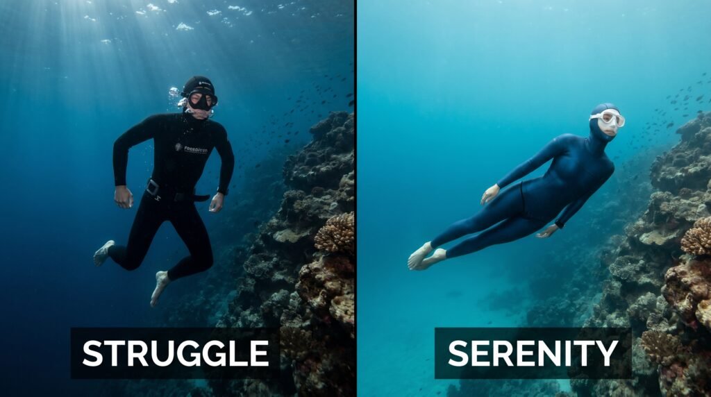 مقارنة بين غواص متوتر وآخر مسترخي تحت الماء