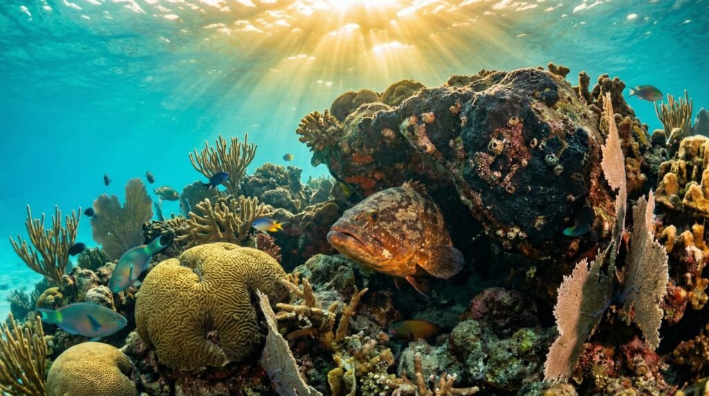 موطن سمك الهامور بين الصخور والشعاب المرجانية