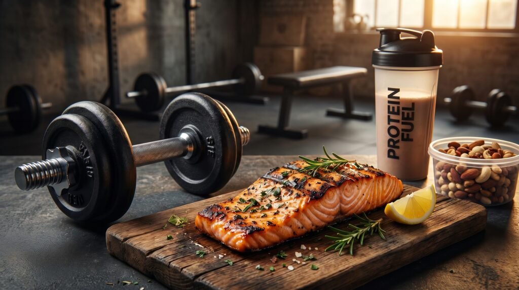 وجبة سمك صحية بجانب معدات رياضية ترمز لفوائد السمك للرياضيين