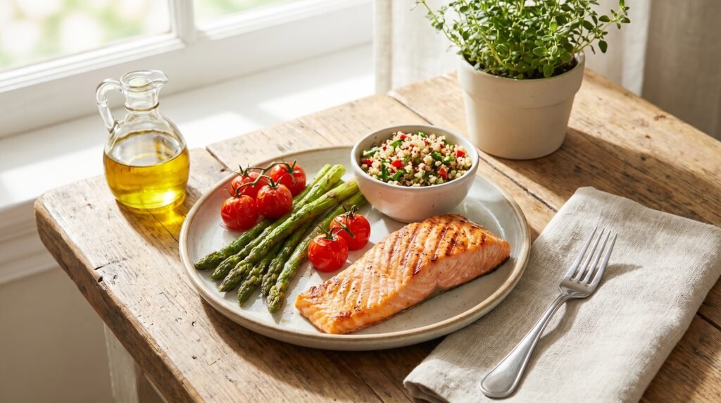 وجبة صحية متوازنة تحتوي على السمك والخضار ضمن نظام غذائي صحي