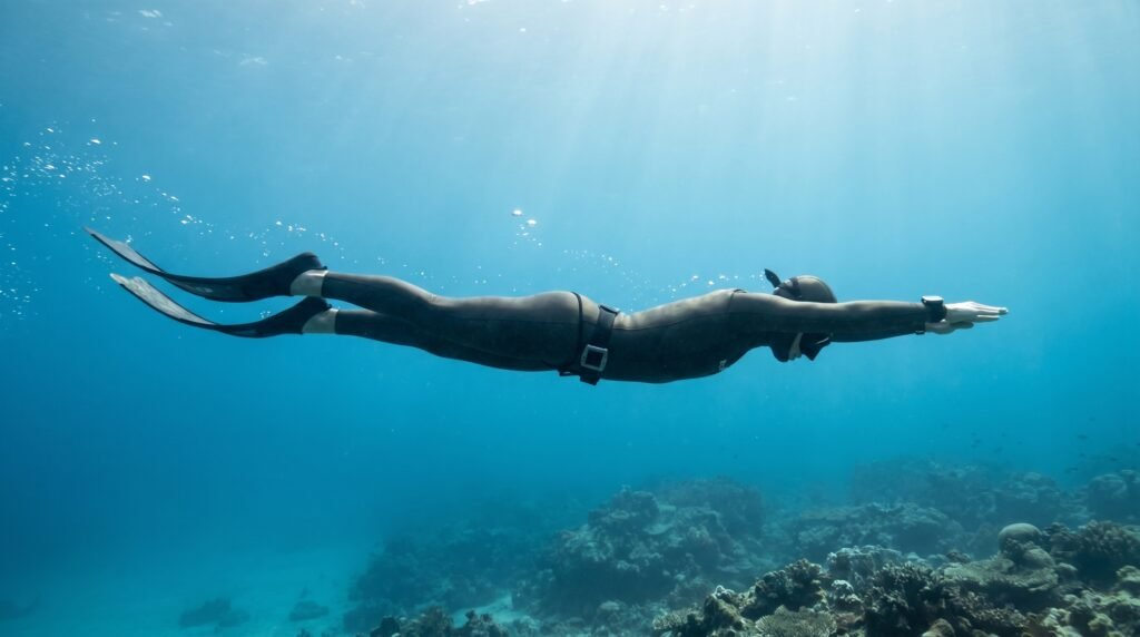 وضعية جسم انسيابية لغواص حر تقلل مقاومة الماء