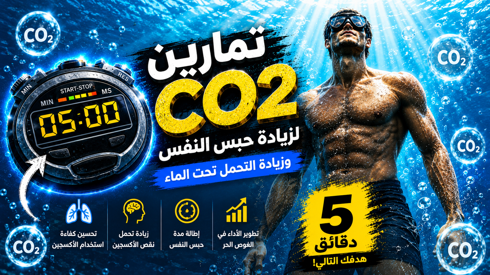 تصميم رياضي تحت الماء يوضح تمارين CO2 لزيادة مدة حبس النفس مع عداد 5 دقائق وغواص حر وفقاعات ترمز لتحمل ثاني أكسيد الكربون.