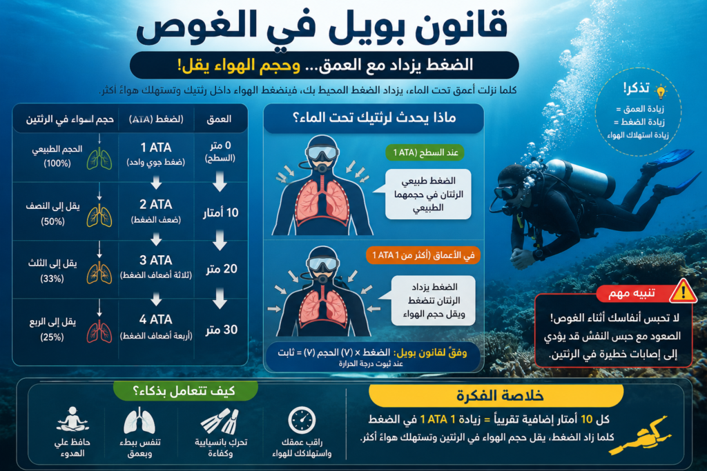 شرح بصري لقانون بويل يوضح انضغاط الهواء مع زيادة العمق