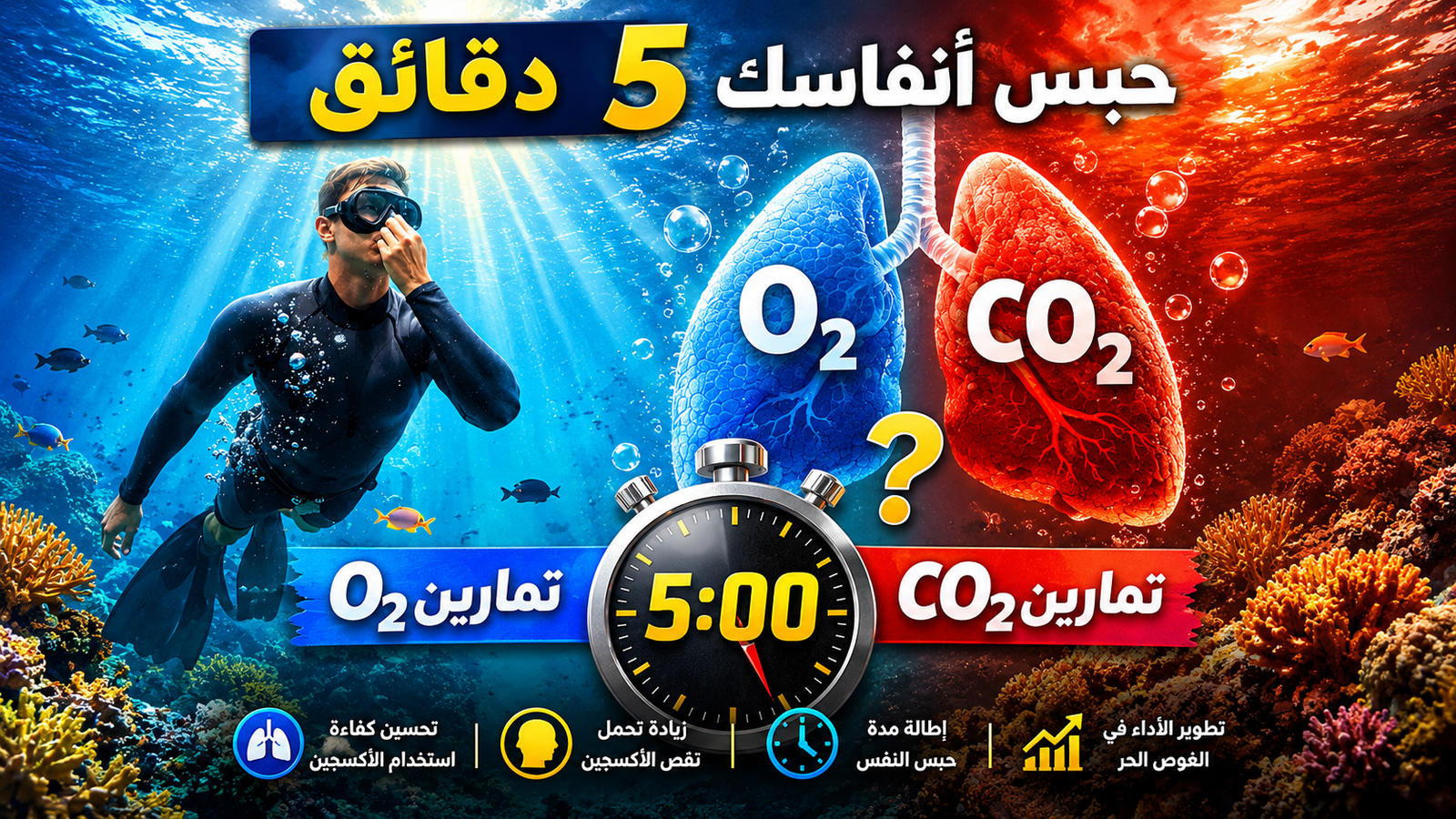إنفوجرافيك يقارن بين تمارين O2 وتمارين CO2 لزيادة مدة حبس النفس في الغوص الحر، مع غواص ورئتين ملونتين ومؤقت 5 دقائق تحت الماء.