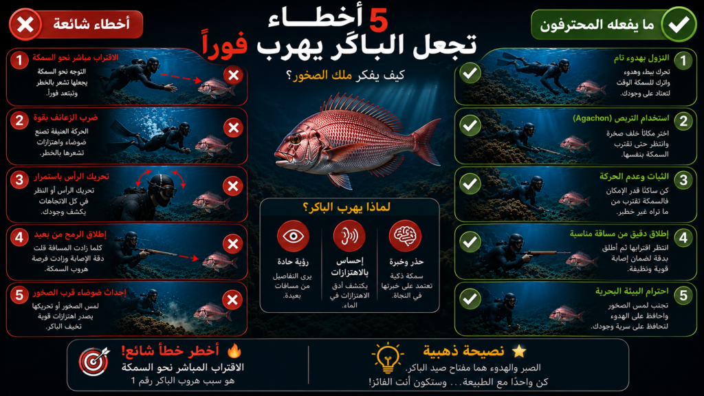 أنفوغرافيك يوضح أخطر الأخطاء التي تجعل سمك الباڭر يهرب أثناء الصيد تحت الماء، مع مقارنة بصرية بين تصرفات الصيادين الخاطئة والتقنيات الاحترافية التي تزيد فرص الاقتراب والنجاح.