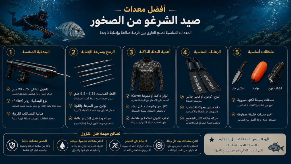 أنفوغرافيك احترافي يوضح أفضل معدات صيد الشرغو من الصخور، بما في ذلك البندقية المناسبة والرمح والبدلة الداكنة والزعانف المثالية للصيد تحت الماء