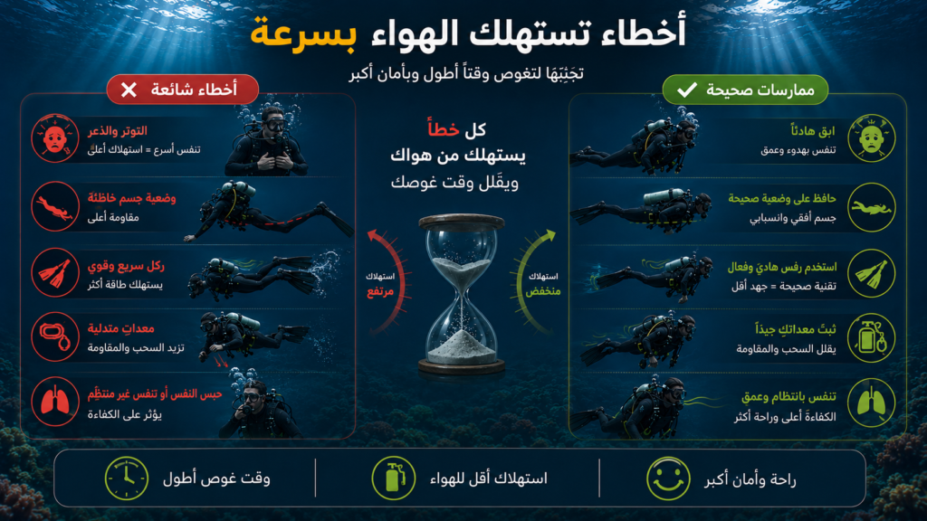 أنفوغرافيك احترافي يوضح أكثر الأخطاء التي تسبب استهلاك الهواء بسرعة أثناء غوص السكوبا مقارنة بالممارسات الصحيحة التي تساعد على الغوص لفترة أطول