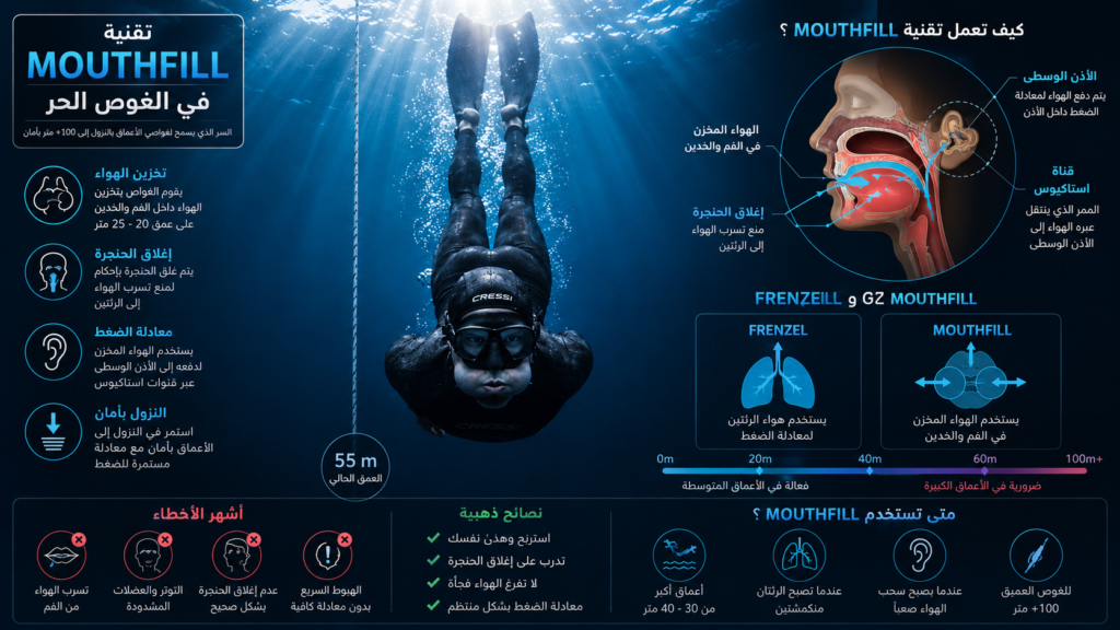 أنفوغرافيك احترافي يشرح تقنية Mouthfill في الغوص الحر العميق مع رسم تشريحي لمسار الهواء وغواص أعماق أثناء معادلة الضغط تحت الماء