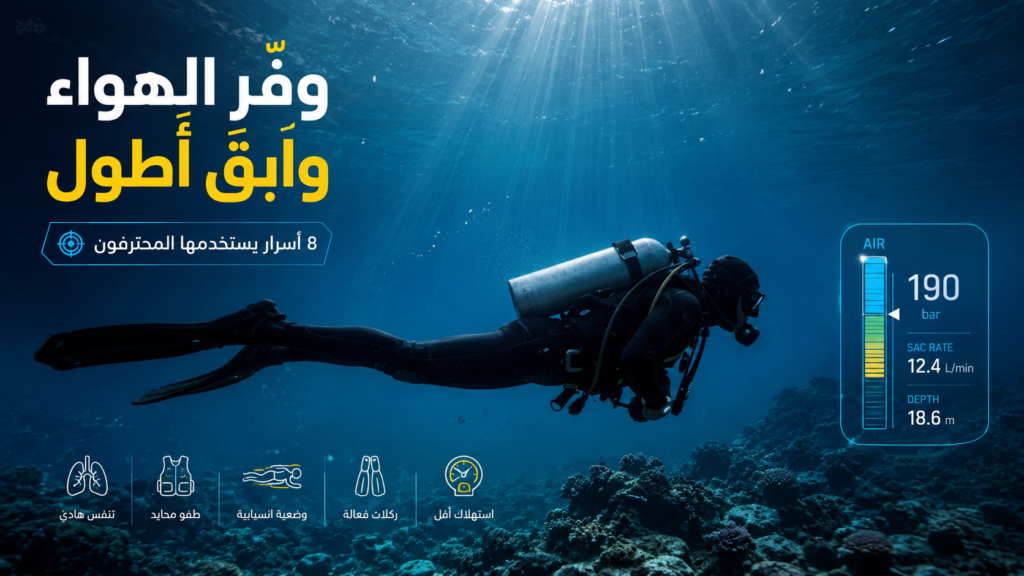 أنفوغرافيك احترافي يشرح كيفية تقليل استهلاك الهواء أثناء الغوص بالأسطوانات عبر التحكم بالطفو والتنفس والانسيابية تحت الماء
