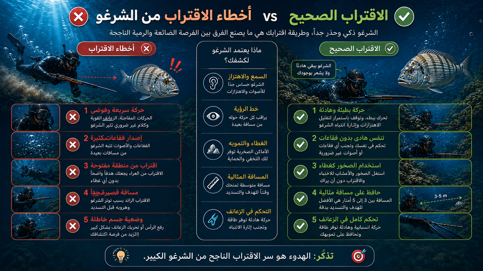 أنفوغرافيك احترافي يقارن بين أخطاء الاقتراب من الشرغو الكبير والطريقة الصحيحة لصيده تحت الماء باستخدام تقنية الكمون والحركة الهادئة